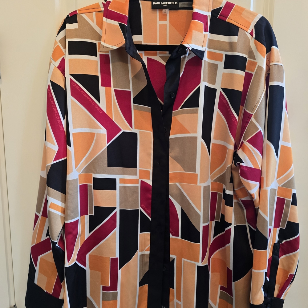 EKarl Lagerfeld Ladie's Bold Geometric Shirt in Black, Red, Orange, and Tan